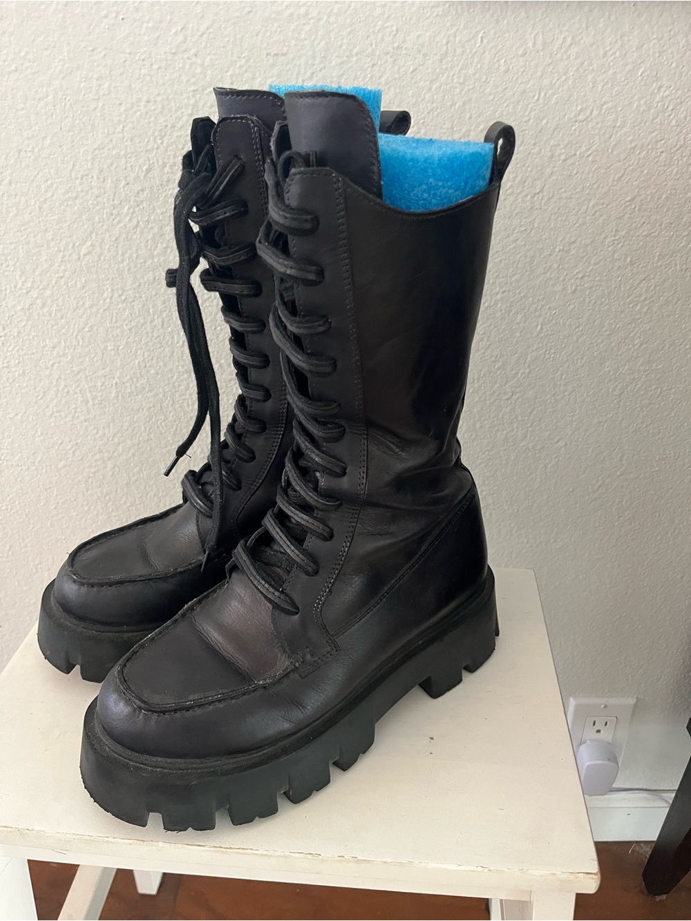 Free People Jones Lug Sole Tall Black Leather Lace-Up Combat Boots